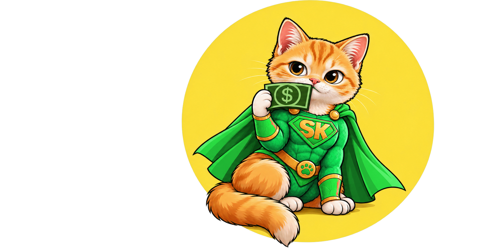 Super Kitty wearing green and gold, holding a green dollar bill