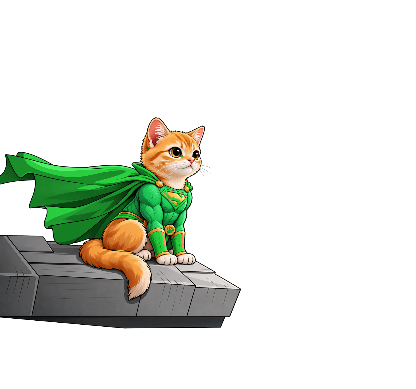 Super Kitty in a green-and-gold superhero uniform watching over the city