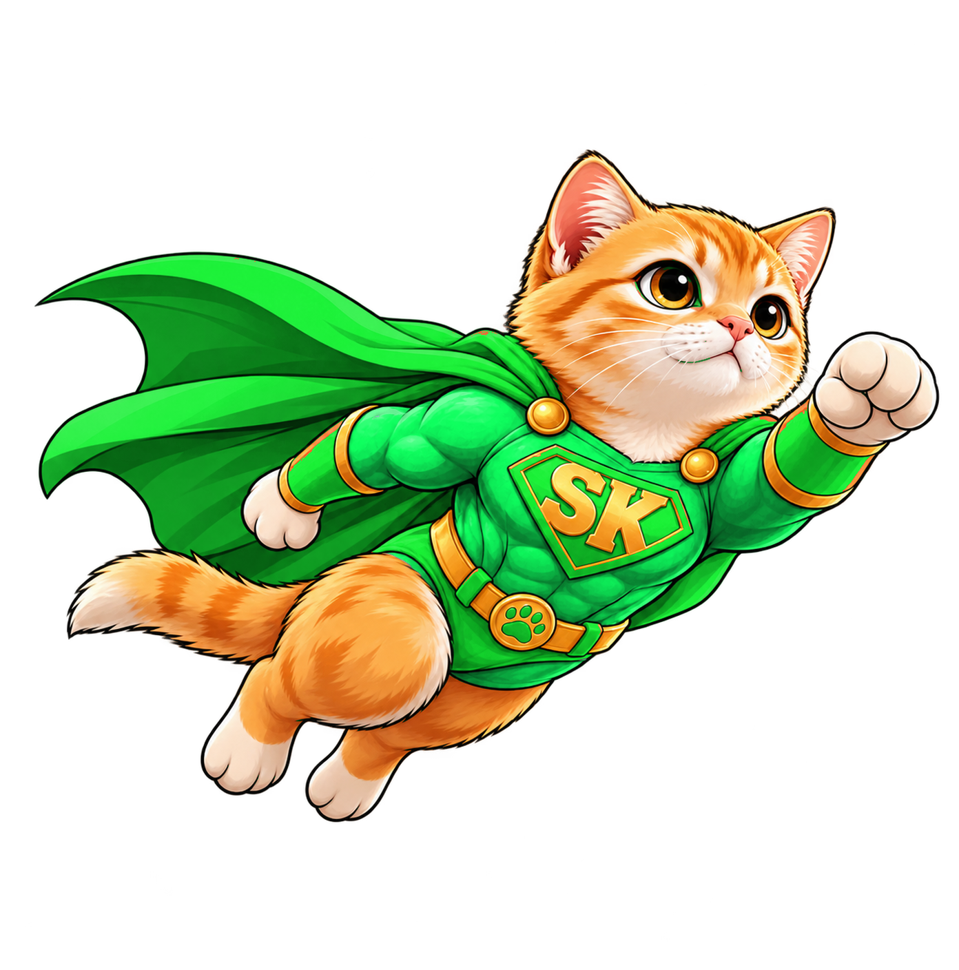 Super Kitty in a green-and-gold uniform ready for action
